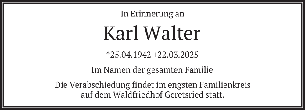  Traueranzeige für Karl Walter vom 28.03.2025 aus merkurtz