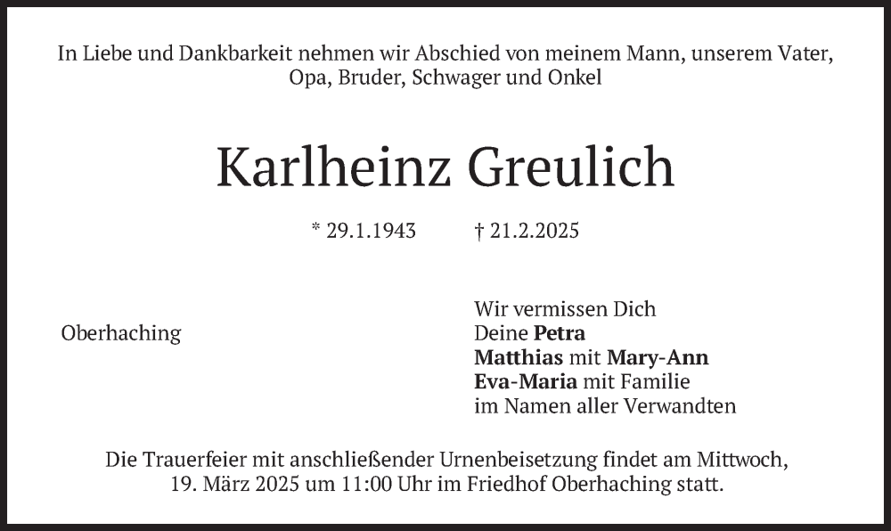 Traueranzeige für Karlheinz Greulich vom 08.03.2025 aus merkurtz