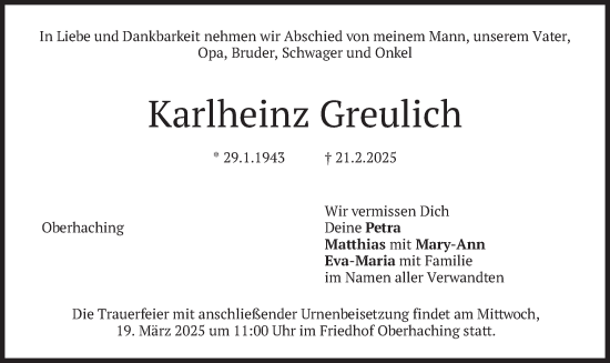 Traueranzeige von Karlheinz Greulich von merkurtz
