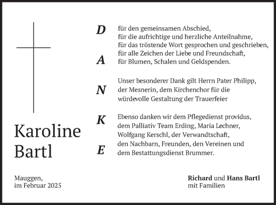 Traueranzeige von Karoline Bartl von merkurtz