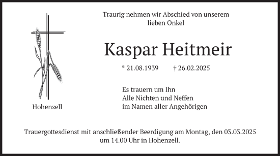Traueranzeige von Kaspar Heitmeir von merkurtz
