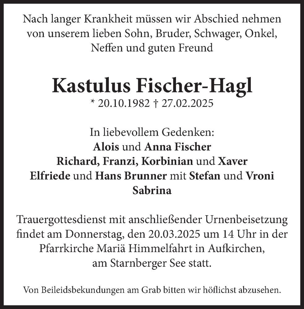  Traueranzeige für Kastulus Fischer-Hagl vom 15.03.2025 aus merkurtz