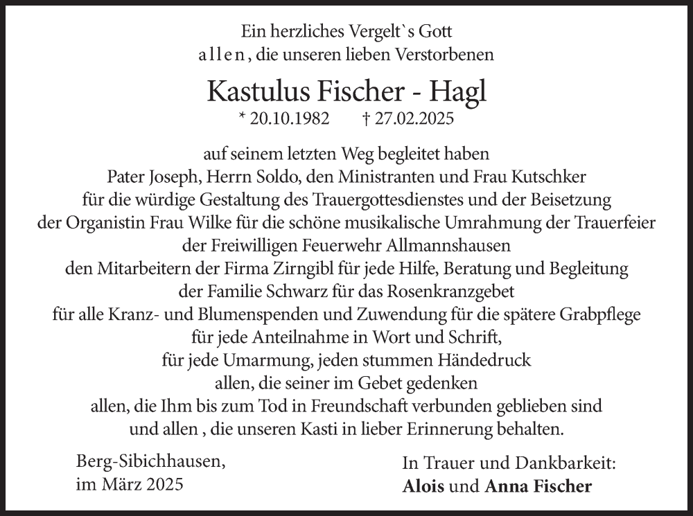  Traueranzeige für Kastulus Fischer-Hagl vom 29.03.2025 aus merkurtz
