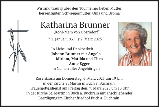 Traueranzeige von Katharina Brunner von merkurtz
