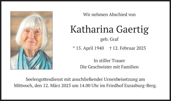 Traueranzeige von Katharina Gaertig von merkurtz