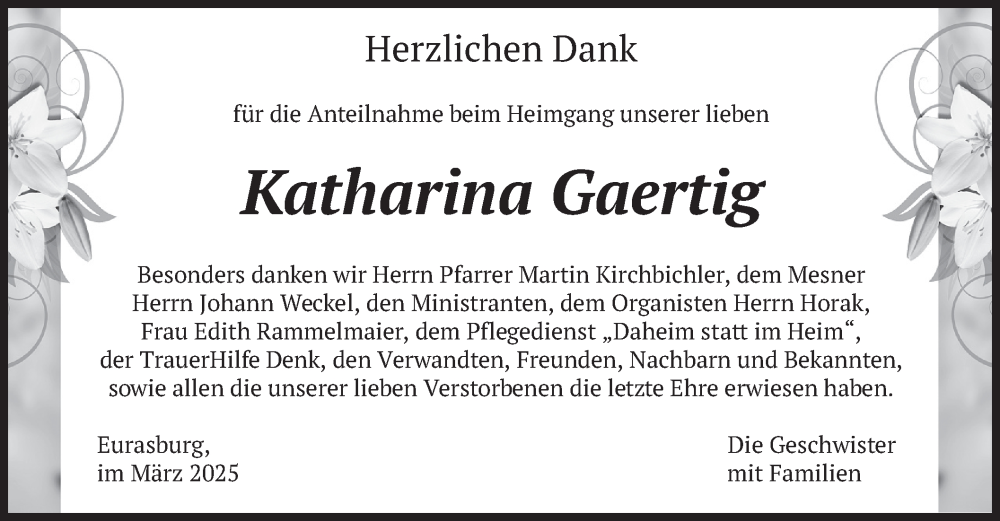  Traueranzeige für Katharina Gaertig vom 22.03.2025 aus merkurtz
