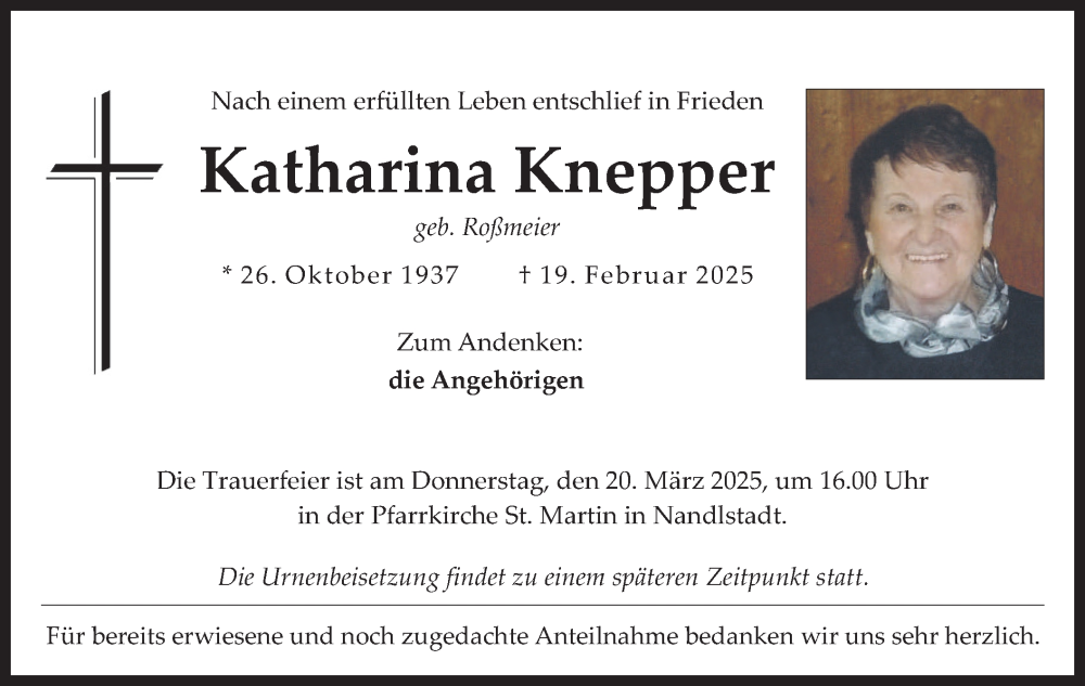  Traueranzeige für Katharina Knepper vom 15.03.2025 aus merkurtz