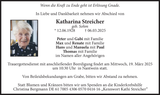 Traueranzeige von Katharina Streicher von merkurtz