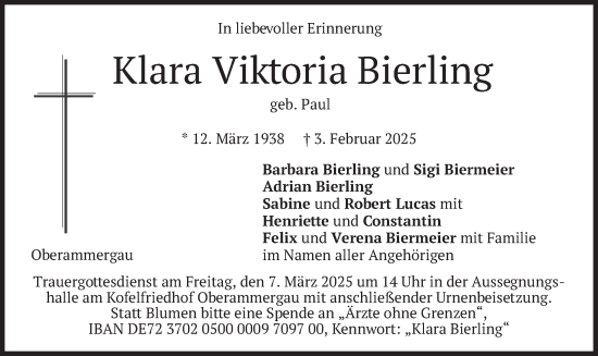 Traueranzeige von Klara Viktoria Bierling von merkurtz