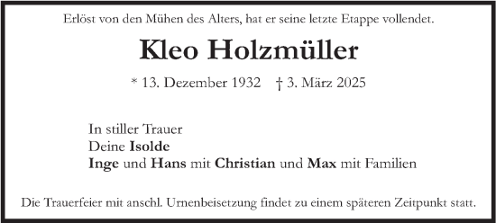 Traueranzeige von Kleo Holzmüller von merkurtz