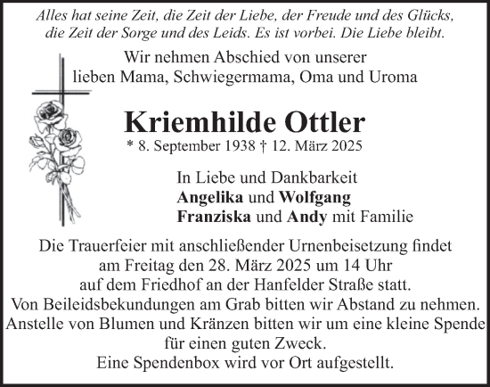 Traueranzeige von Kriemhilde Ottler von merkurtz