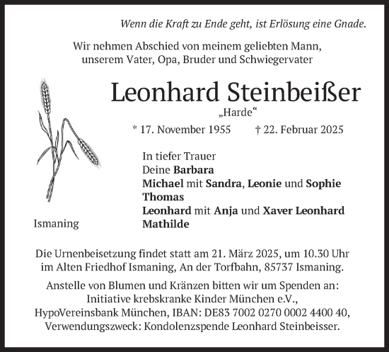 Traueranzeige von Leonhard Steinbeißer von merkurtz