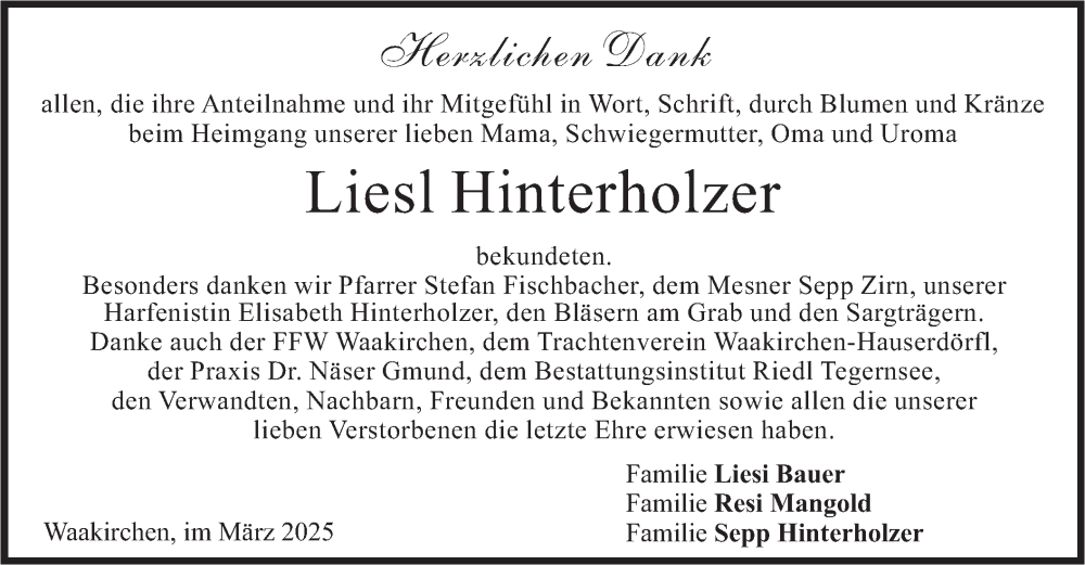  Traueranzeige für Liesl Hinterholzer vom 08.03.2025 aus merkurtz