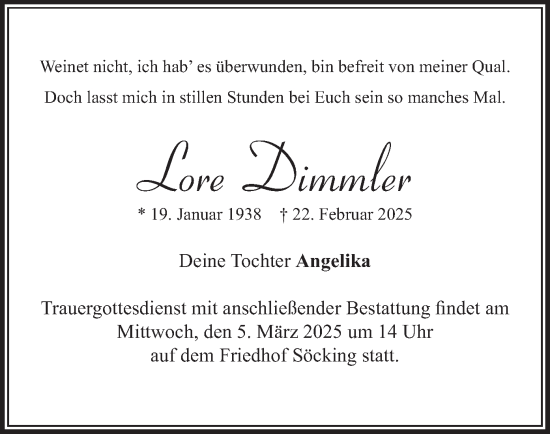 Traueranzeige von Lore Dimmler von merkurtz
