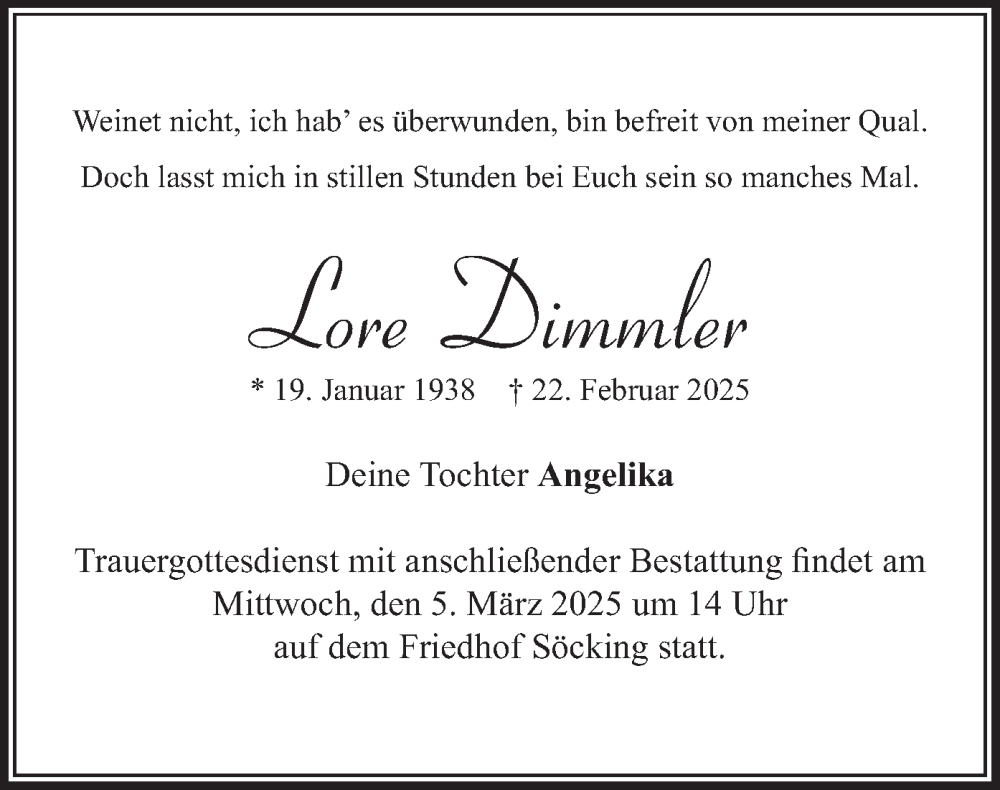  Traueranzeige für Lore Dimmler vom 01.03.2025 aus merkurtz
