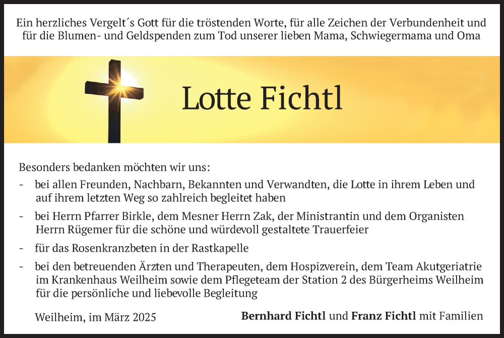  Traueranzeige für Lotte Fichtl vom 29.03.2025 aus merkurtz