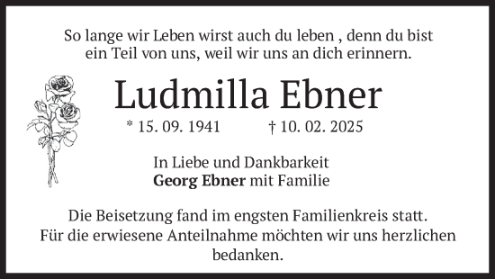 Traueranzeige von Ludmilla Ebner von merkurtz