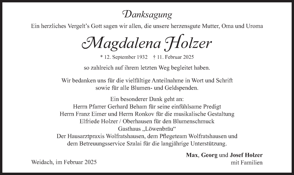  Traueranzeige für Magdalena Holzer vom 01.03.2025 aus merkurtz