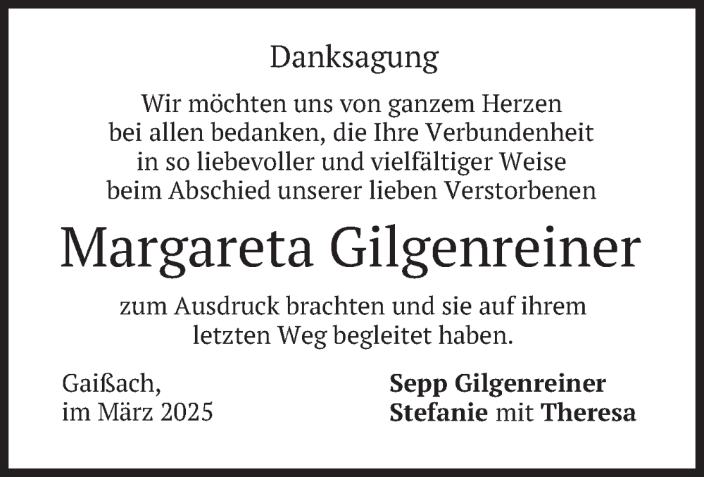  Traueranzeige für Margareta Gilgenreiner vom 22.03.2025 aus merkurtz