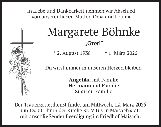 Traueranzeige von Margarete Böhnke von merkurtz