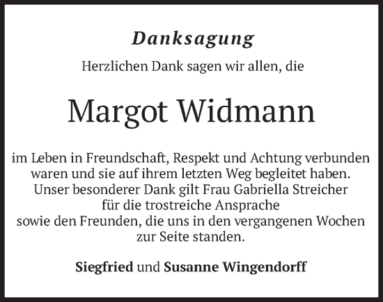 Traueranzeige von Margot Widmann von merkurtz