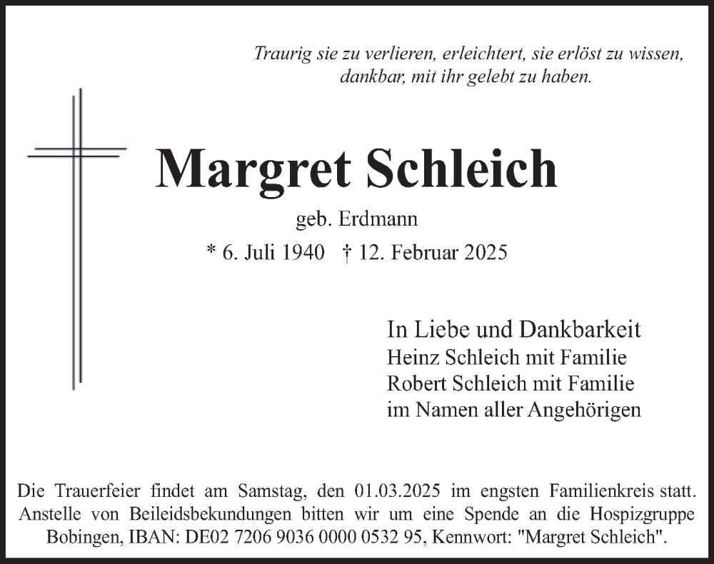 Traueranzeige für Margret Schleich vom 01.03.2025 aus merkurtz