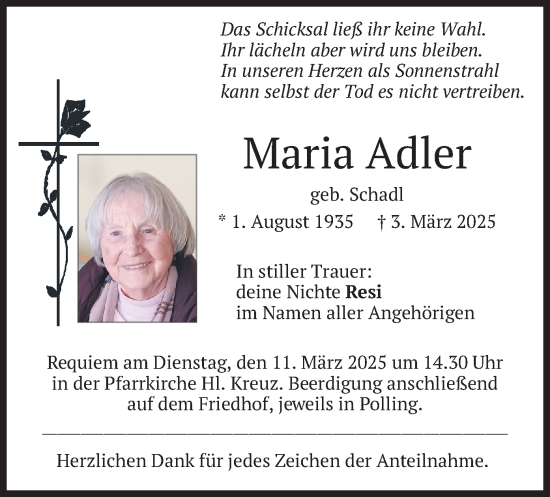 Traueranzeige von Maria Adler von merkurtz