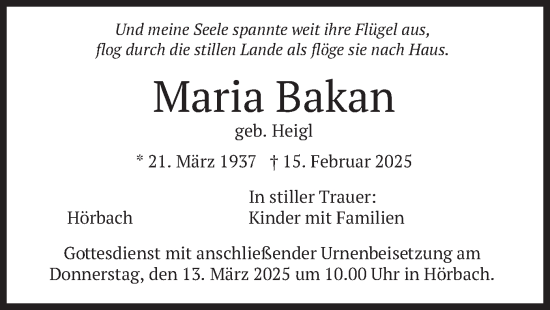 Traueranzeige von Maria Bakan von merkurtz