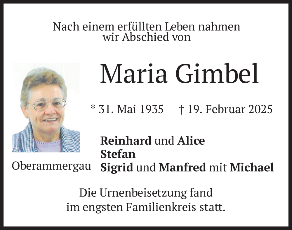  Traueranzeige für Maria Gimbel vom 15.03.2025 aus merkurtz