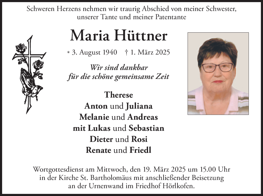  Traueranzeige für Maria Hüttner vom 15.03.2025 aus merkurtz