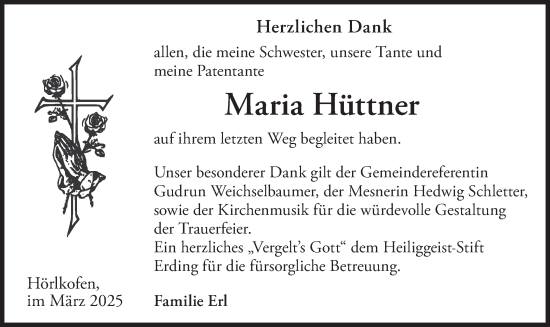 Traueranzeige von Maria Hüttner von merkurtz
