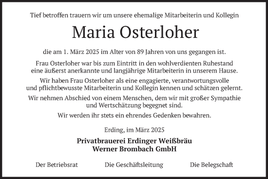 Traueranzeige von Maria Osterloher von merkurtz