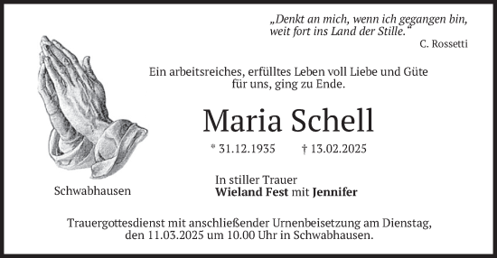 Traueranzeige von Maria Schell von merkurtz
