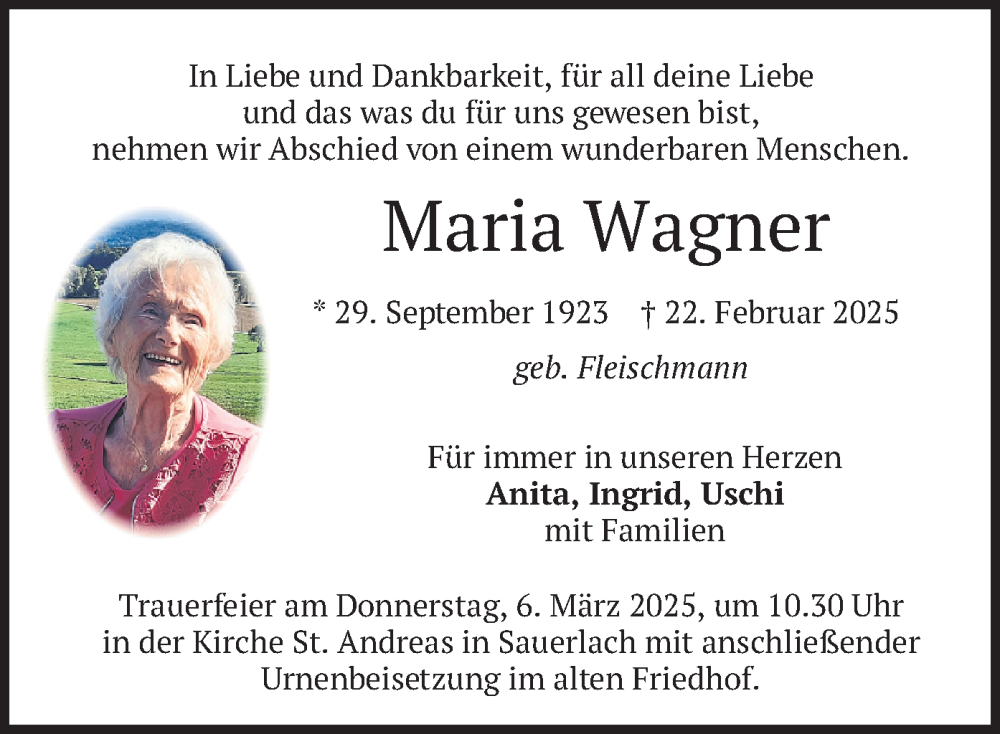  Traueranzeige für Maria Wagner vom 01.03.2025 aus merkurtz