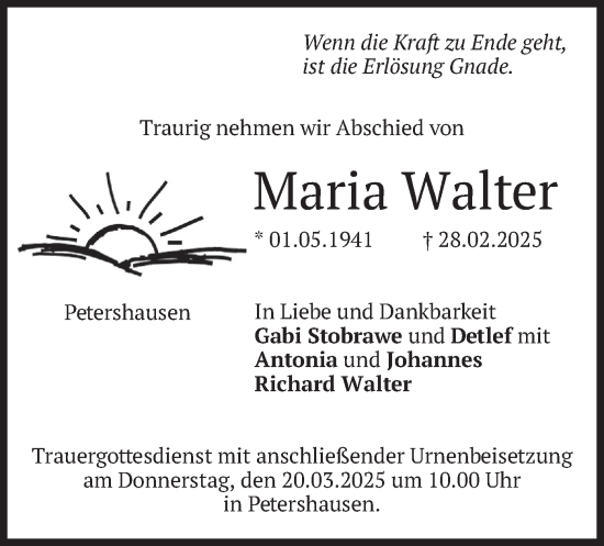 Traueranzeige von Maria Walter von merkurtz