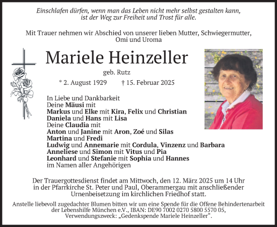 Traueranzeige von Mariele Heinzeller von merkurtz