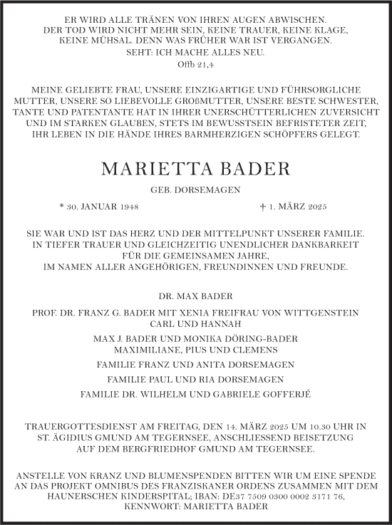 Traueranzeige von Marietta Bader von merkurtz