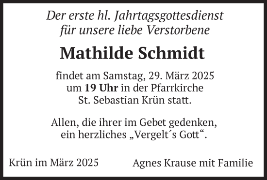 Traueranzeige von Mathilde Schmidt von merkurtz