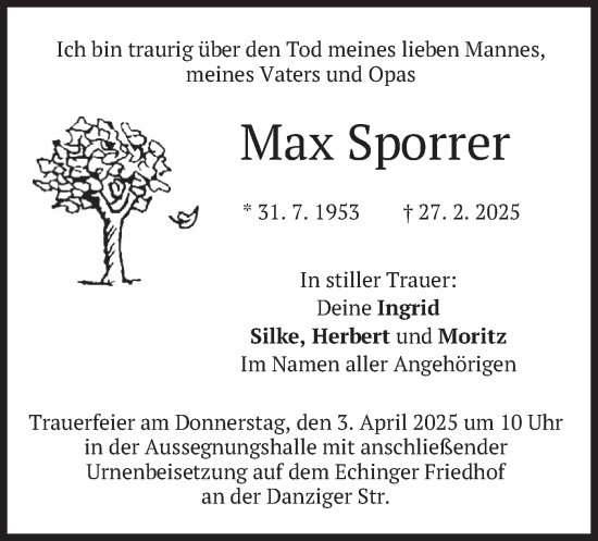 Traueranzeige von Max Sporrer von merkurtz
