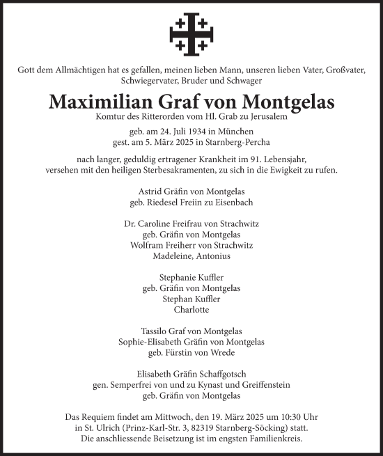 Traueranzeige von Maximilian Graf von Montgelas von merkurtz