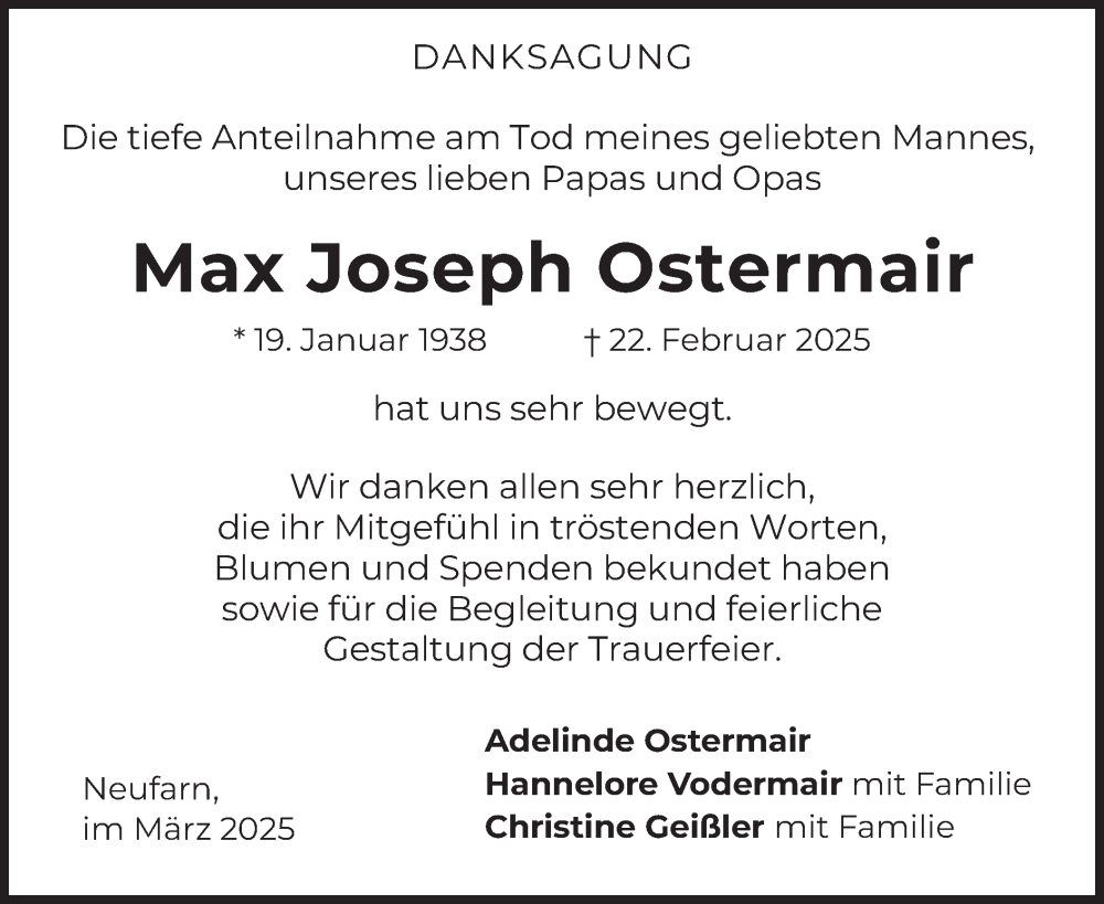  Traueranzeige für Max Joseph Ostermair vom 08.03.2025 aus merkurtz
