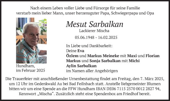 Traueranzeige von Mesut Sarbalkan von merkurtz