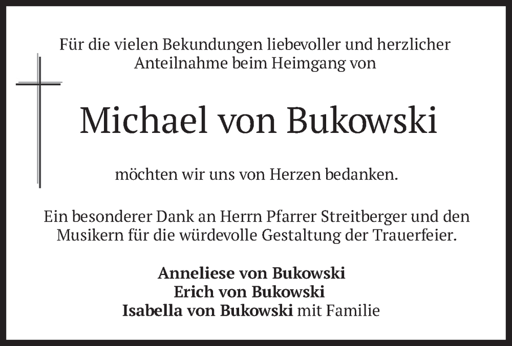  Traueranzeige für Michael von Bukowski vom 08.03.2025 aus merkurtz