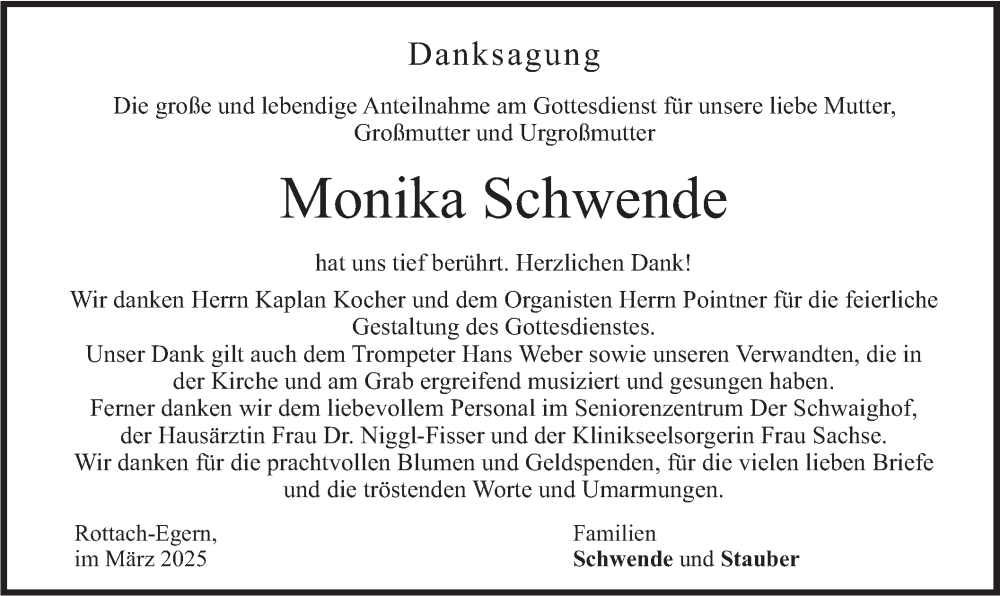 Traueranzeige für Monika Schwende vom 22.03.2025 aus merkurtz