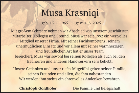 Traueranzeige von Musa Krasniqi von merkurtz