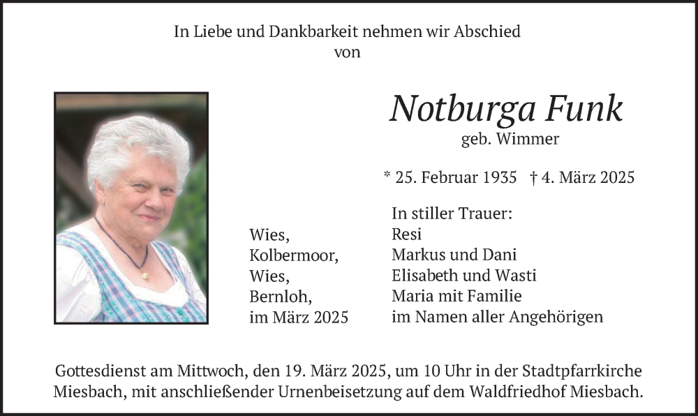  Traueranzeige für Notburga Funk vom 15.03.2025 aus merkurtz