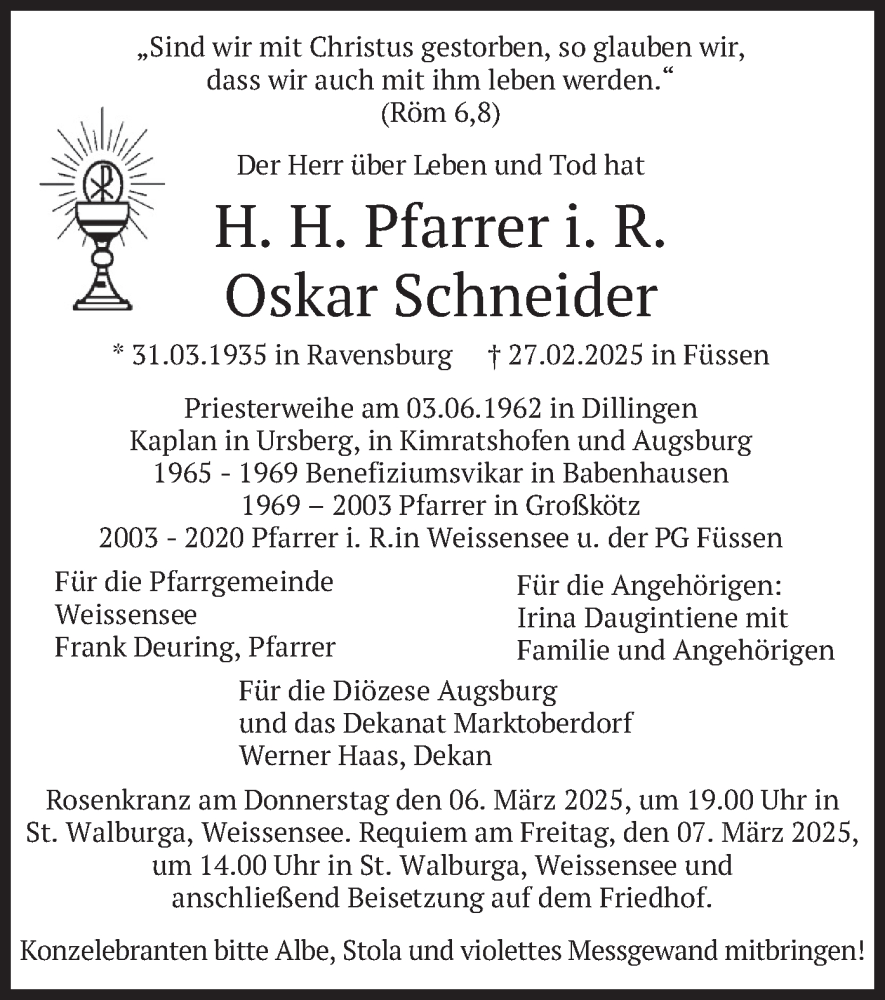  Traueranzeige für Oskar Schneider vom 05.03.2025 aus merkurtz