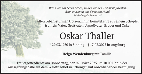 Traueranzeige von Oskar Thaller von merkurtz