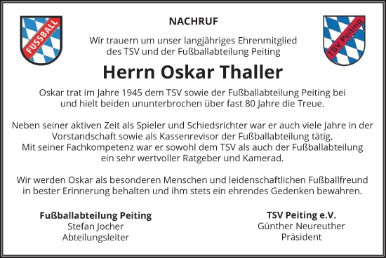 Traueranzeige von Oskar Thaller von merkurtz