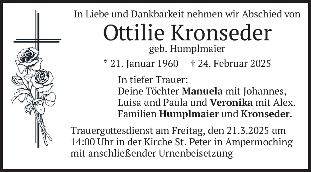  Traueranzeige für Ottilie Kronseder vom 08.03.2025 aus merkurtz